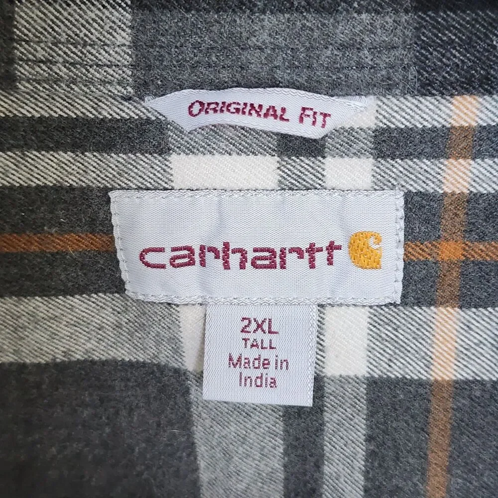 Carhartt Flannel Shirt Men 2XLT Gray Plaid Long Sleeve Original Fit Heavyweight